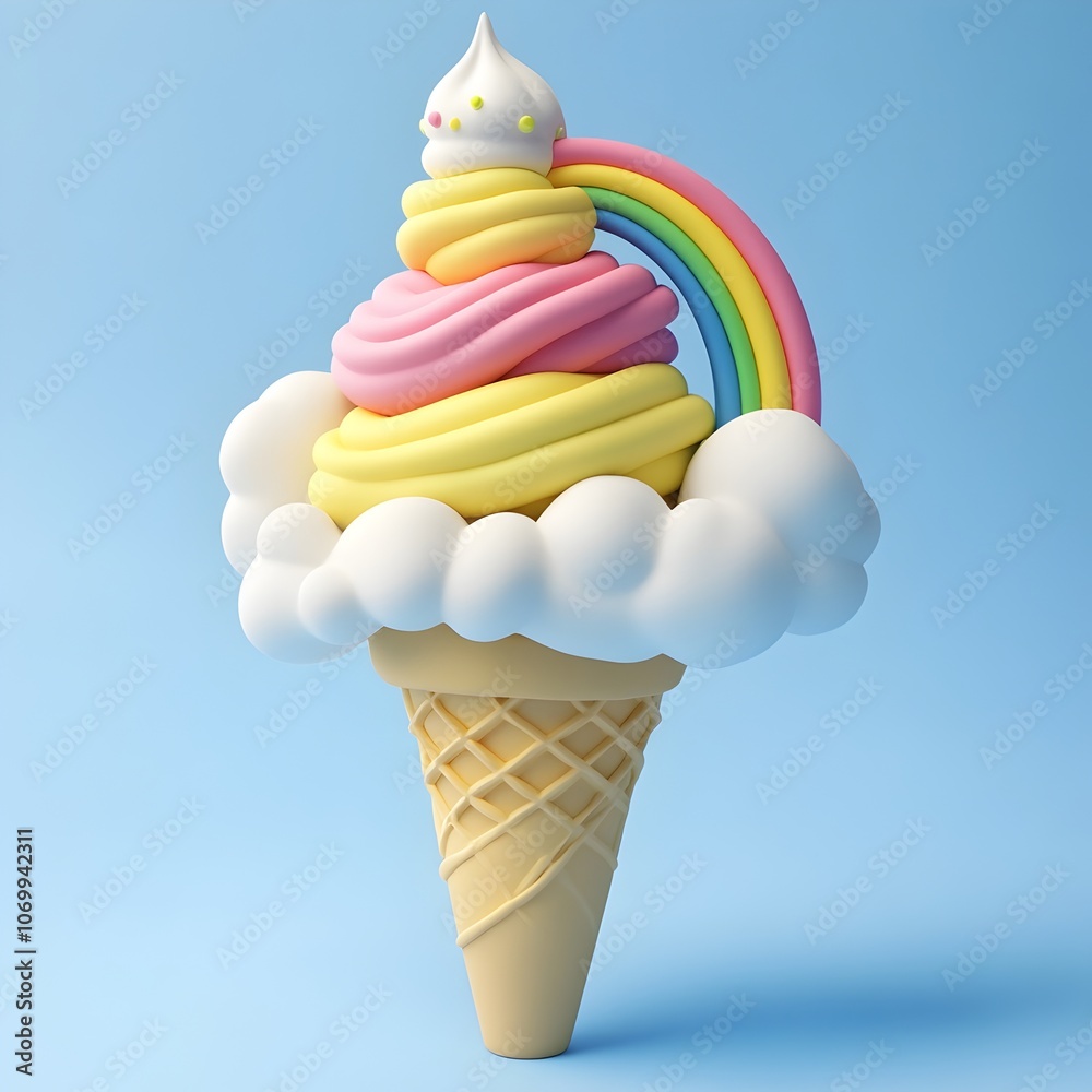Whimsical 3D of Colorful Rainbow Ice Cream Cone on Fluffy Cloud Whimsical 3D of Colorful Rainbow Ice Cream Cone on Fluffy Cloud