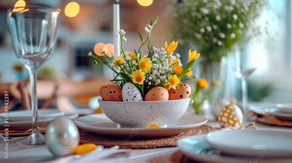 Festive Easter Arrangement with Speckled Eggs and Yellow Daisies