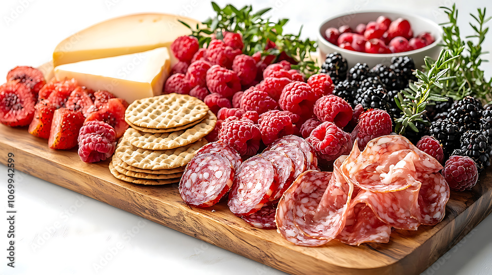 vibrant cheese board featuring soft and hard cheeses, assorted crackers, fresh raspberries, strawberries, blackberries, and slices of salami, perfect for gatherings vibrant cheese board featuring soft and hard cheeses, assorted crackers, fresh raspberries, strawberries, blackberries, and slices of salami, perfect for gatherings