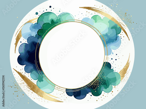 Pastel sky blue, green or navy watercolor brush stroke splash with luxury golden frame and glitter gold lines round contour frame for banner or logo wedding elements