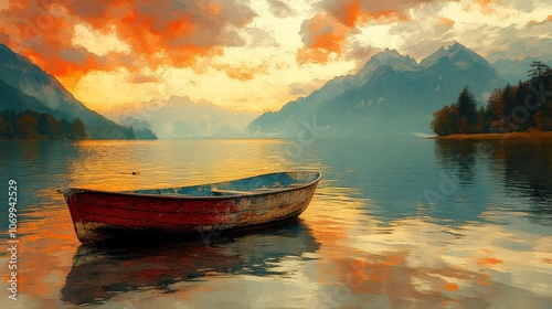 Vibrant Sunset Over Mountain Lake with Fishing Boat