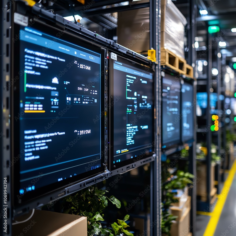 A modern warehouse scene with digital monitors displaying data, surrounded by shelves and greenery, indicating an efficient logistics environment. A modern warehouse scene with digital monitors displaying data, surrounded by shelves and greenery, indicating an efficient logistics environment.