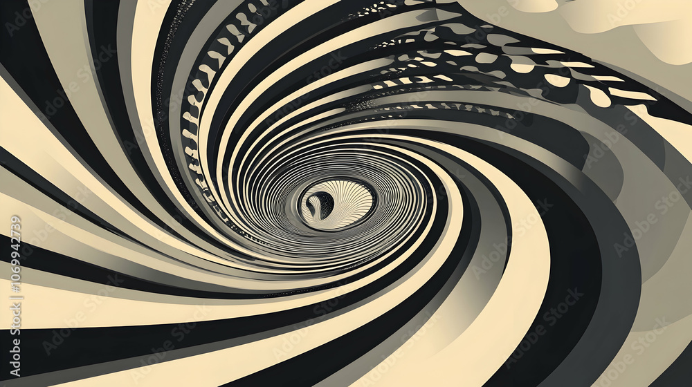Abstract spiral with black and white stripes.