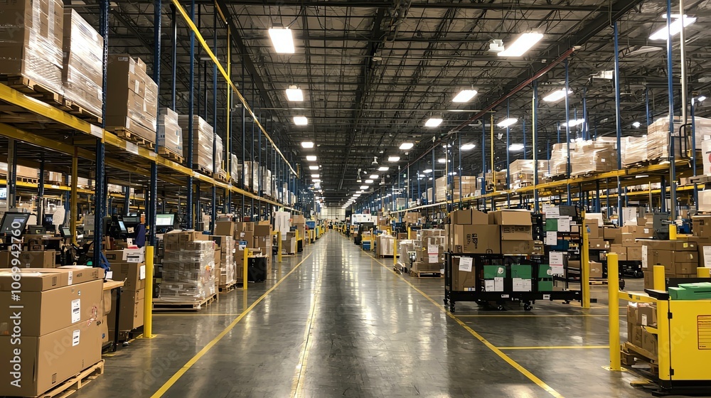 A spacious warehouse filled with neatly arranged boxes on shelves, showcasing an organized storage and distribution area.