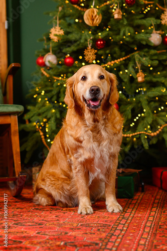 Golden retriever labrador dog in the living room on a warm cozy Christmas evening near a decorated Christmas tree with gifts. Christmas and New Year concept photo