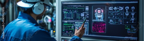 A technician in a blue uniform interacts with a high-tech control panel, monitoring data and systems in a modern industrial environment.