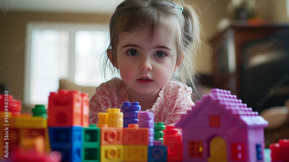 A young girl engages in imaginative play, constructing a house from colorful toy blocks. A young girl engages in imaginative play, constructing a house from colorful toy blocks.