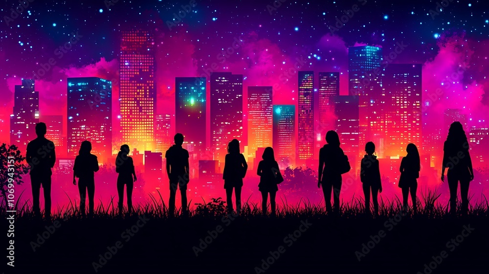 A group of people stand silhouetted against a glowing cityscape at night with a bright starry sky. A group of people stand silhouetted against a glowing cityscape at night with a bright starry sky.