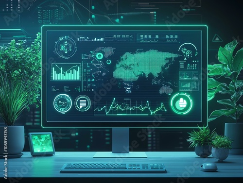 A modern workspace features a digital monitor displaying data visualizations amidst plants, symbolizing technology and nature.