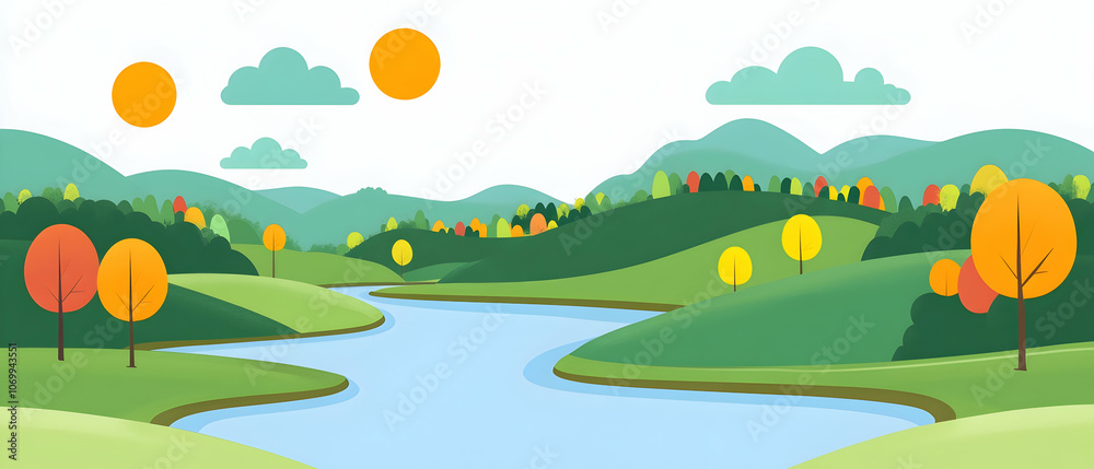 Obraz premium Illustrated landscape with winding river, green hills, colorful trees, clouds and sun.