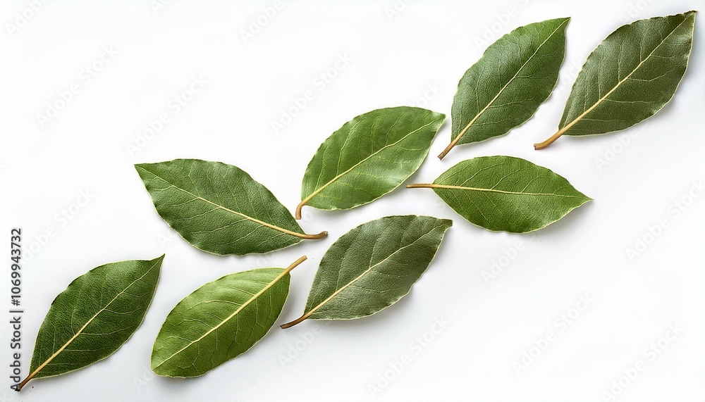 Fresh bay leaves, scattered to form a diagonal line composition on an isolated background. Fresh bay leaves, scattered to form a diagonal line composition on an isolated background.