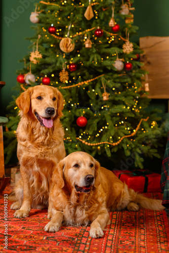 Golden retriever labrador dog in the living room on a warm cozy Christmas evening near a decorated Christmas tree with gifts. Christmas and New Year concept