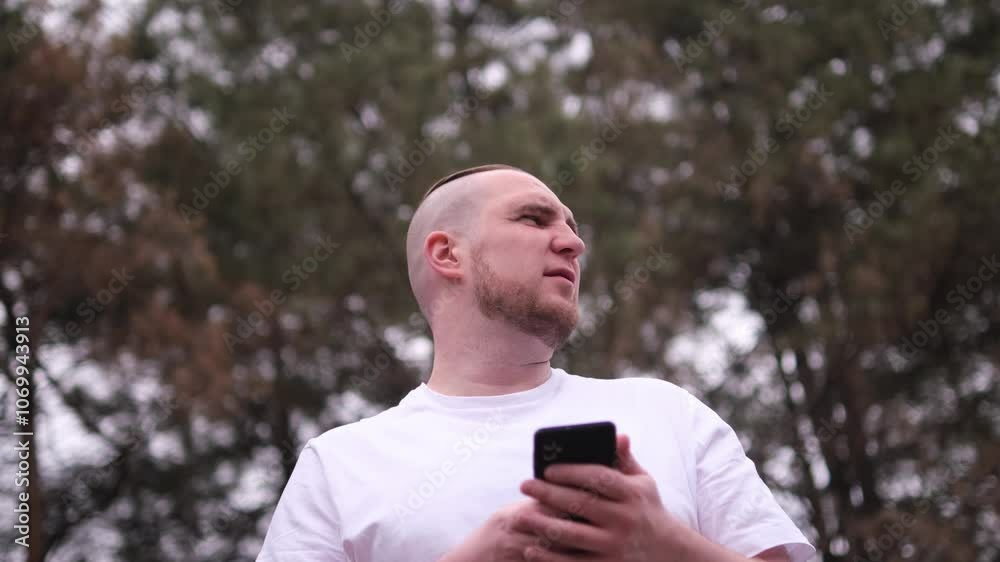 Guy with a beard and a mohawk looking at smartphone screen and smiling in city park. Close up. shot of a caucasian man using mobile phone Guy with a beard and a mohawk looking at smartphone screen and smiling in city park. Close up. shot of a caucasian man using mobile phone
