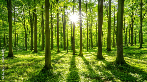 Sunlight streams through the trees in a lush green forest. (1)