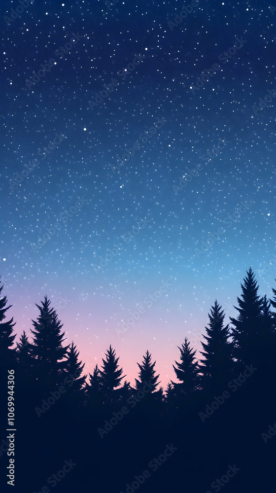 Silhouetted pine trees against a starry night sky. Silhouetted pine trees against a starry night sky.