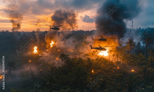 Fototapeta Naklejka Na Ścianę i Meble -  Helicopters flying over jungle fire.