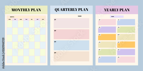Colorful printable planner template set for journaling, diary, productivity, goal setting, business, school, learning schedule, coaching, monthly, quarterly, and yearly schedule