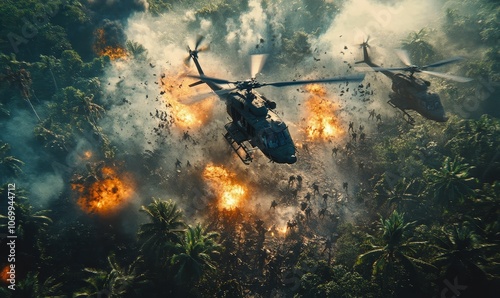 Fototapeta Naklejka Na Ścianę i Meble -  Helicopters attacking jungle with fire and smoke.
