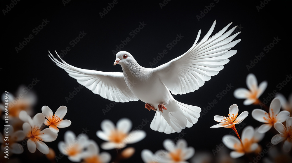 Fototapeta premium cherry blossoms and dove on a sunny sky