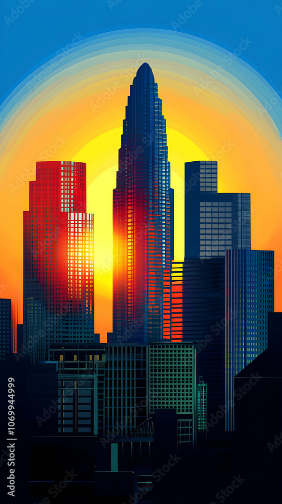 A colorful sunrise over a modern city skyline with tall skyscrapers. A colorful sunrise over a modern city skyline with tall skyscrapers.