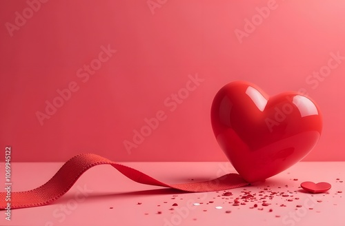 A glossy red heart sits beside a flowing ribbon on a pink surface, accompanied by small heart-shaped confetti, creating a romantic atmosphere photo