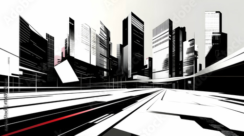 A futuristic cityscape with black and white buildings and a red line on the road. photo