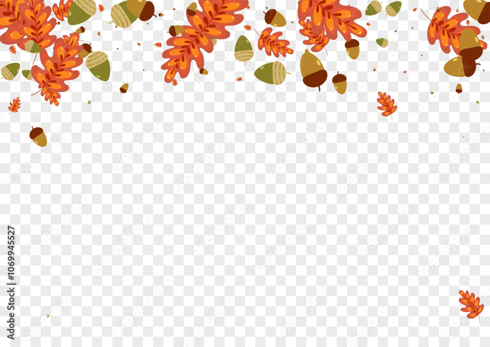 Red Foliage Background Transparent Vector. Leaf Nature Frame. Green Acorn. Vibrant Design. Orange Herb Wallpaper.
