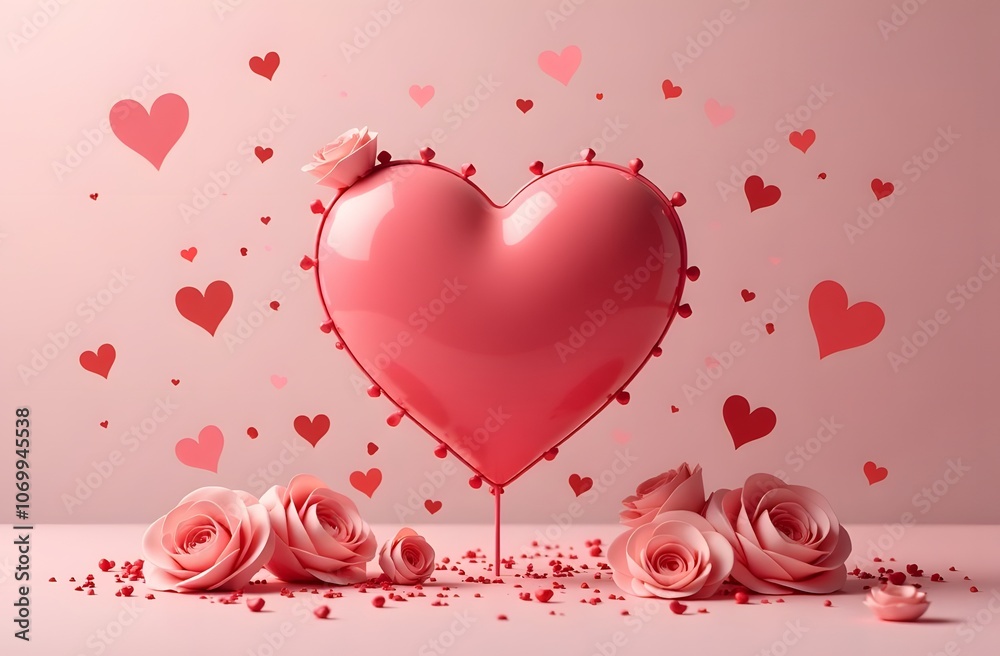 A glossy pink heart stands prominently with delicate roses nearby, while smaller hearts float in the background, evoking a warm and loving vibe perfect for celebrations A glossy pink heart stands prominently with delicate roses nearby, while smaller hearts float in the background, evoking a warm and loving vibe perfect for celebrations