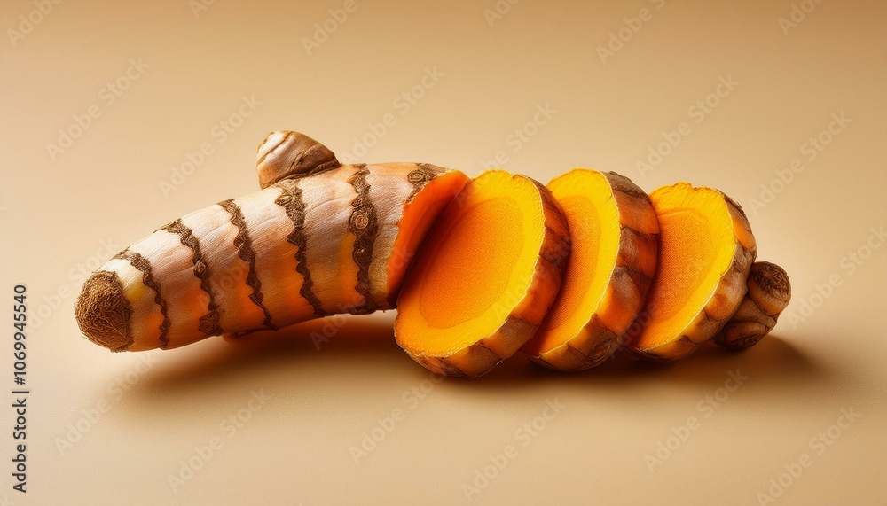Naklejka premium Fresh turmeric roots cut into small slices, scattered on an isolated white background.