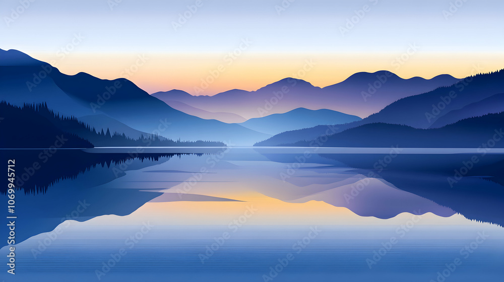 Obraz premium A serene lake with mountains reflecting in the water at sunrise.