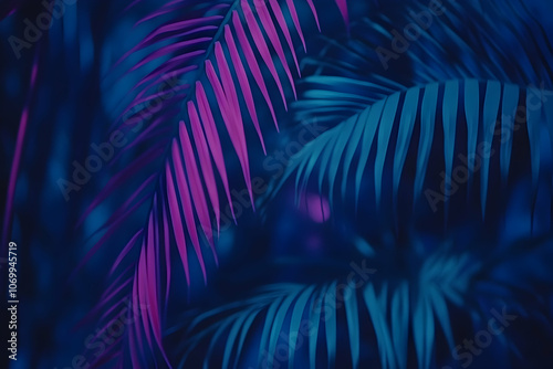 Close up of tropical palm leaves illuminated by a blue and pink light source.