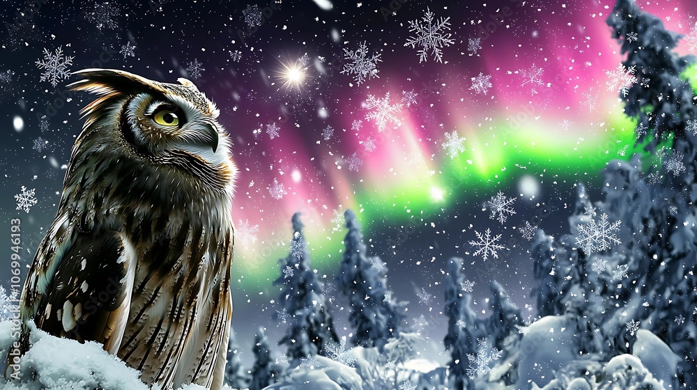 Majestic Owl Under Northern Lights Winter Snowfall