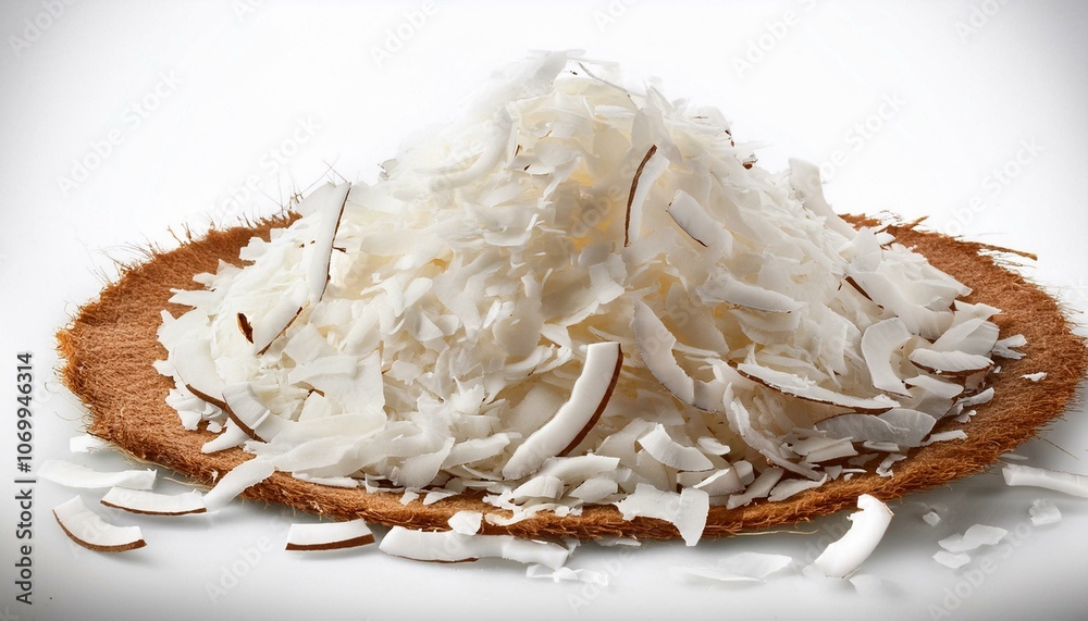 Freshly grated coconut with scattered coconut shreds in a natural circular pattern on a white background. Freshly grated coconut with scattered coconut shreds in a natural circular pattern on a white background.