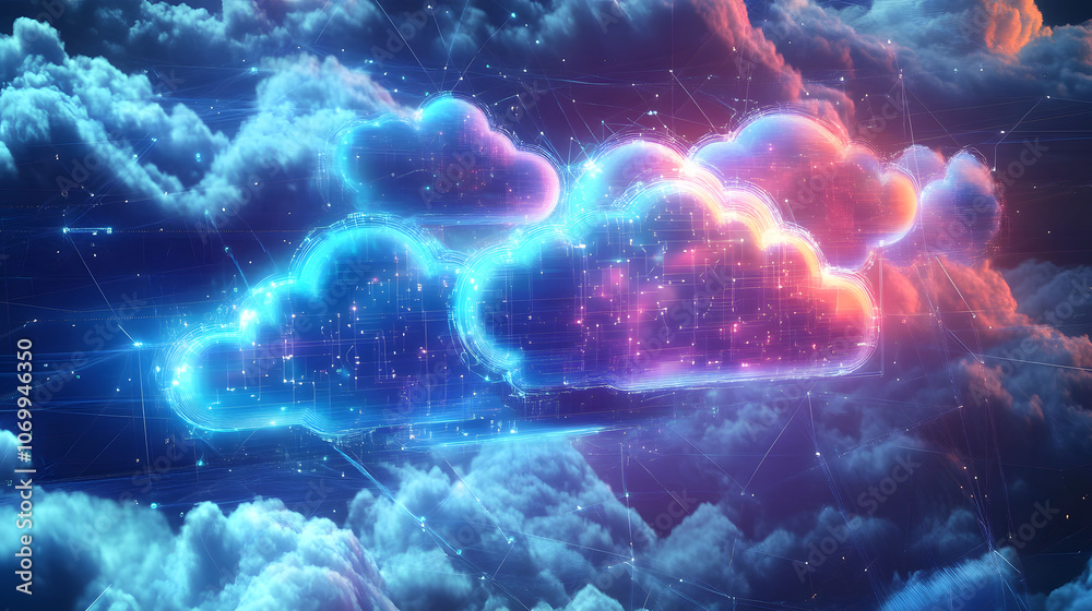 Vibrant cloud computing illustration showcasing digital connections and technology integration for data management. Vibrant cloud computing illustration showcasing digital connections and technology integration for data management.