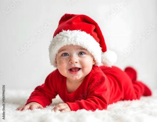 Smiling Baby in a Santa Hat and Festive Red Pajamas