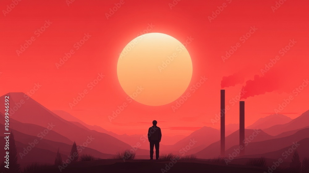 Fototapeta premium A solitary figure stands against a vibrant sunset over industrial mountains