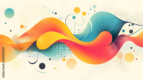 Abstract colorful wavy lines with dots and swirls on a white background.