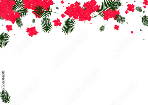 Red Leaves Background White Vector. Palm Vivid Backdrop. Pink Foliage. Realistic Pattern. Orange Island Texture.