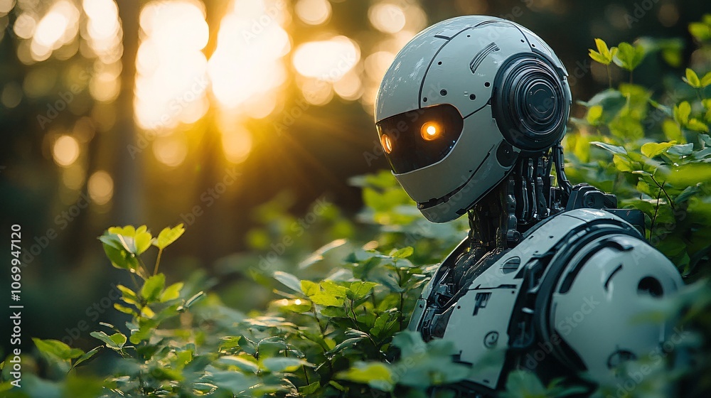 AI Robot in Lush Forest Setting AI Robot in Lush Forest Setting