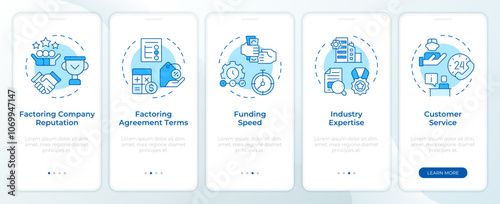 Choosing factoring company blue onboarding mobile app screen. Walkthrough 5 steps editable graphic instructions with linear concepts. UI, UX, GUI template. Montserrat SemiBold, Regular fonts used