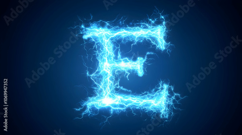 The letter E is formed from a bright blue electric discharge on a dark blue background.