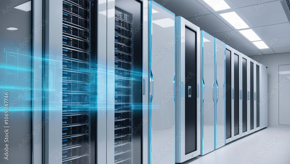 Advanced server racks, digital hologram overlays, sleek cyber room, blue neon lighting create futuristic atmosphere in this high tech environment Advanced server racks, digital hologram overlays, sleek cyber room, blue neon lighting create futuristic atmosphere in this high tech environment