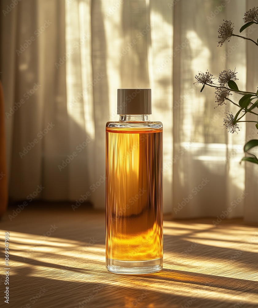 Pattern of bottle with micellar water, essence of natural oil, serum for the face. A hard shadow from a glass vial filled with liquid Pattern of bottle with micellar water, essence of natural oil, serum for the face. A hard shadow from a glass vial filled with liquid