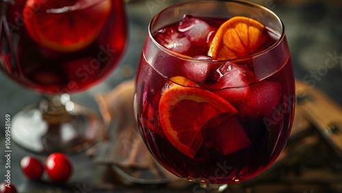  Cold Refreshing Invigorating Fruity Red Sangria in a Glass with Ice: Soulful Drink for Fun Meetings