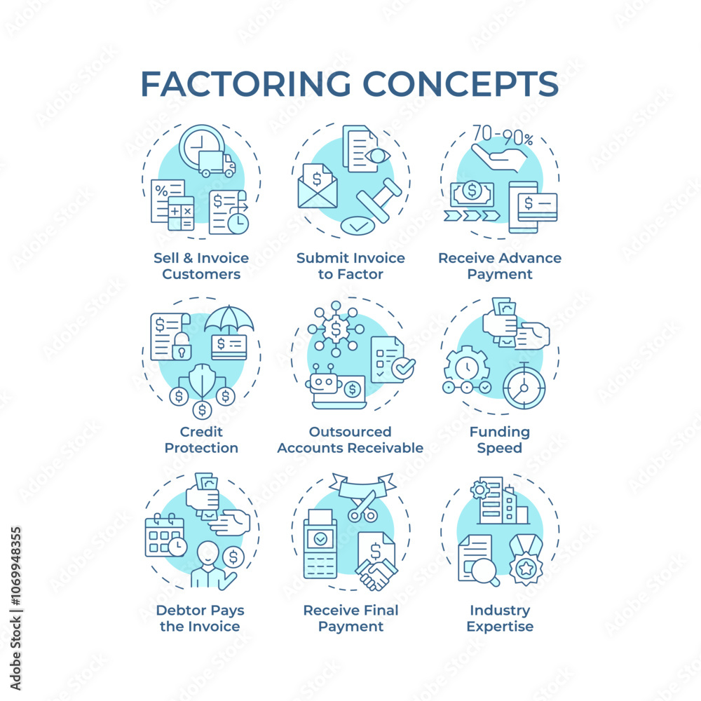 Factoring soft blue concept icons. Benefits and operational steps involved in factoring services. Credit protection. Icon pack. Vector images. Round shape illustrations. Abstract idea Factoring soft blue concept icons. Benefits and operational steps involved in factoring services. Credit protection. Icon pack. Vector images. Round shape illustrations. Abstract idea