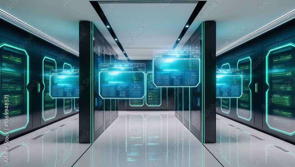 Fototapeta premium High tech server room with floating holographic interfaces displaying real time data streams, illuminated by neon glow, creating futuristic atmosphere
