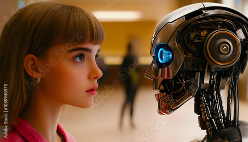 A young girl looks intently at a robotic head, with a serious expression on her face.