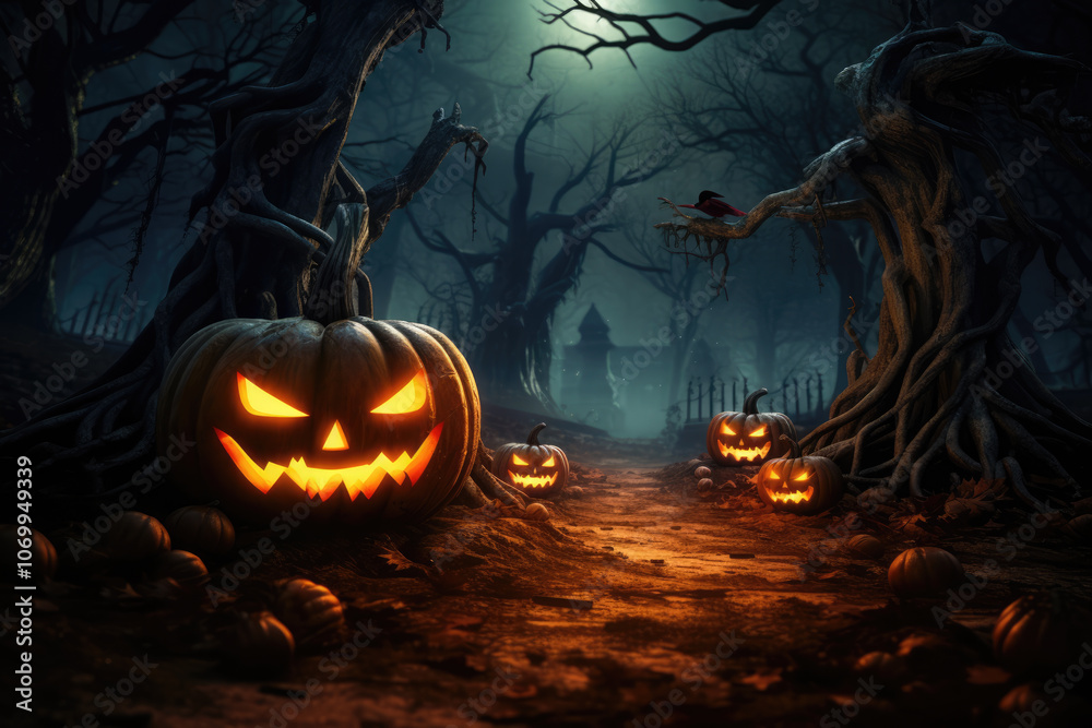 generated illustration scary pumpkins stack,full moon nighttime,dark landscape castle and graveyards. generated illustration scary pumpkins stack,full moon nighttime,dark landscape castle and graveyards.