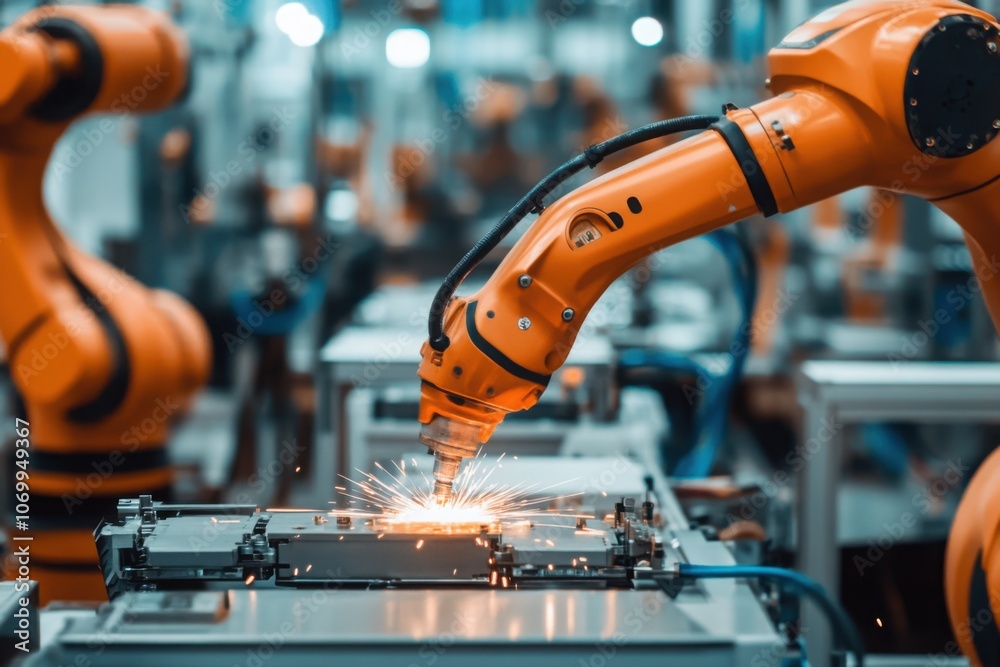 Industrial Robotic Arm in Action with Sparks Industrial Robotic Arm in Action with Sparks