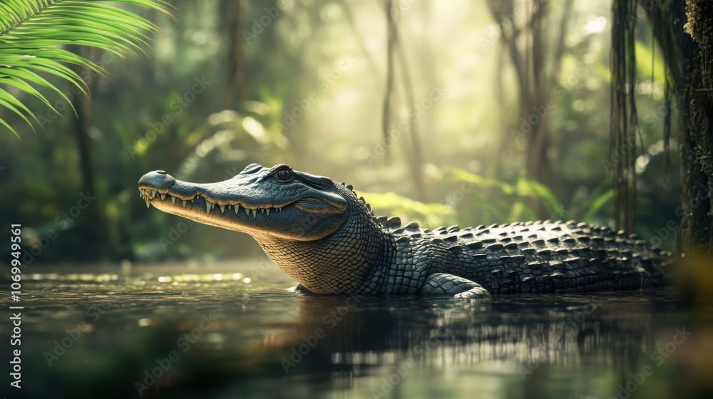 Obraz premium a crocodile in a natural swamp environment, high detail, concept of protecting wildlife habitats
